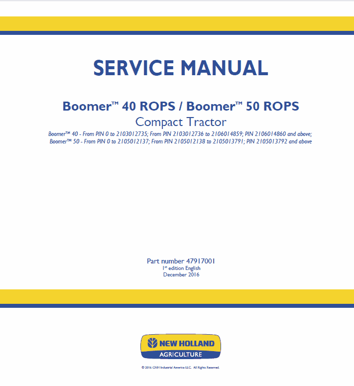 New Holland Boomer 40 CAB, ROPS and 50 CAB, ROPS Tractor Service Manual Workshop Guide