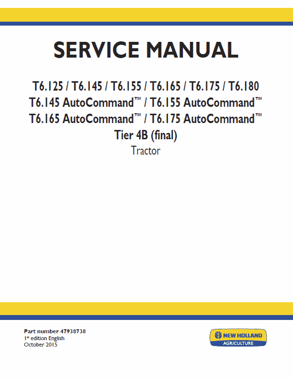 New Holland T6.125, T6.140, T6.145, T6.150, T6.155 Tractor Service Manual Workshop Guide