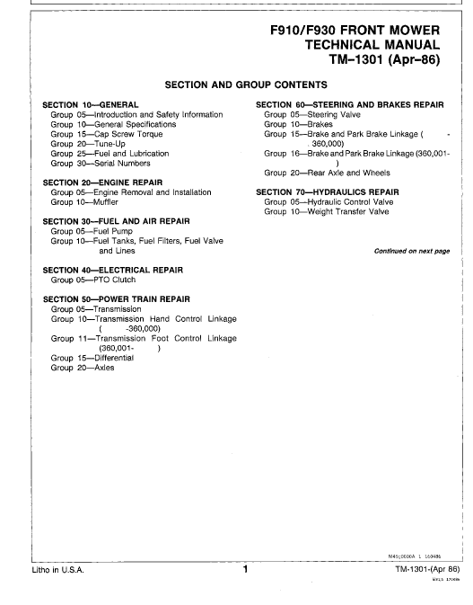 John Deere F910, F930 Front Mower Repair Technical Manual (TM1301) Workshop Guide