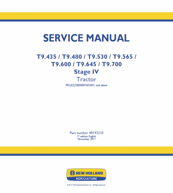 New Holland T9.435, T9.480, T9.530, T9.565 Tractor Service Manual Workshop Guide