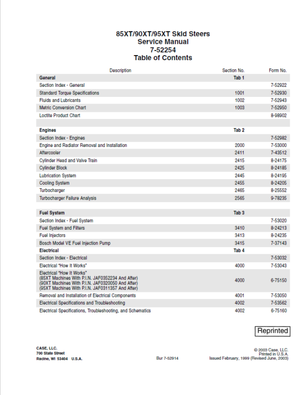 Case 85XT, 90XT, 95XT SkidSteer Service Repair Manual Workshop Guide