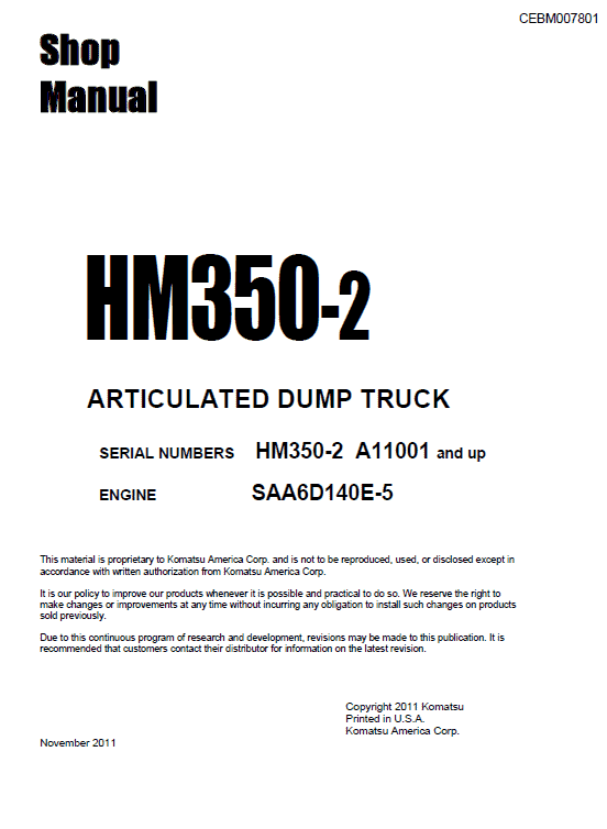 Komatsu HM350-2 Dump Truck Service Manual Workshop Guide