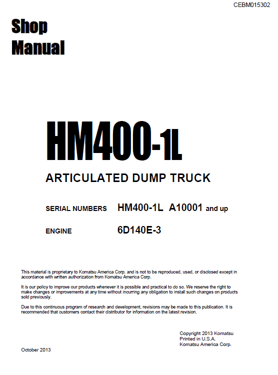 Komatsu HM400-1L Dump Truck Service Manual Workshop Guide