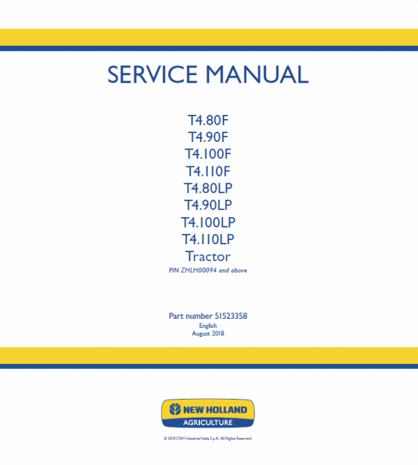 New Holland T4.80F, T4.90F, T4.100F, T4.110F Tractor Service Manual Workshop Guide