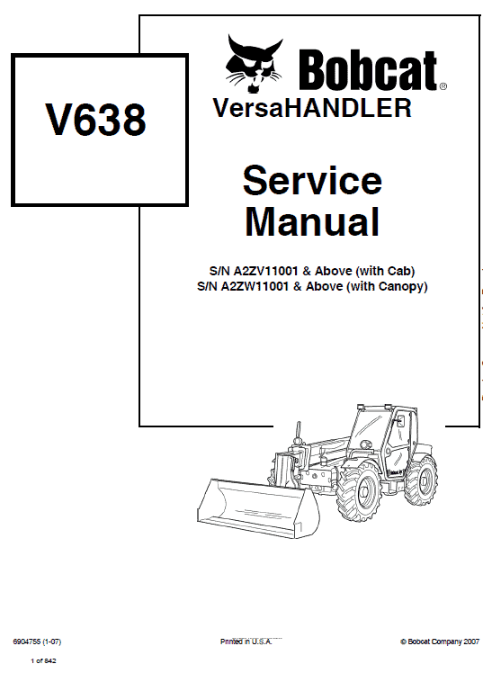 Bobcat V638 VersaHANDLER Telescopic Service Manual Workshop Guide