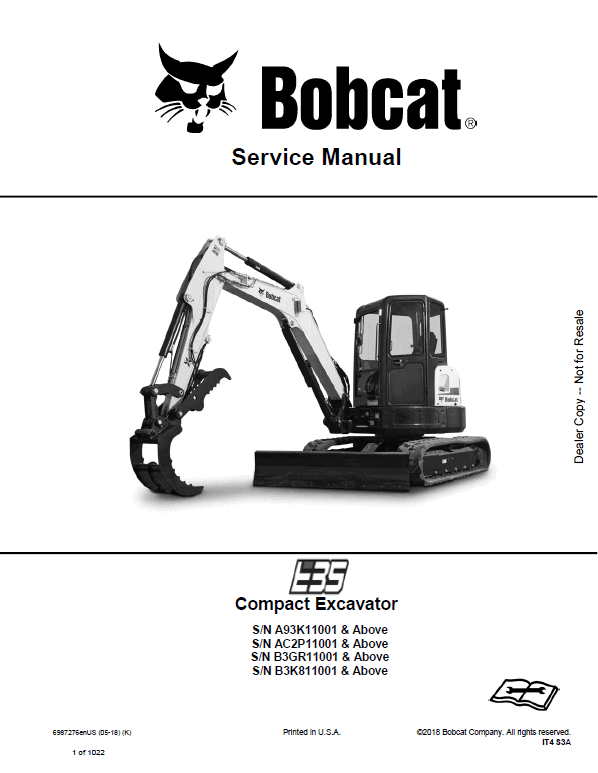 Bobcat E35 Compact Excavator Service Manual Workshop Guide