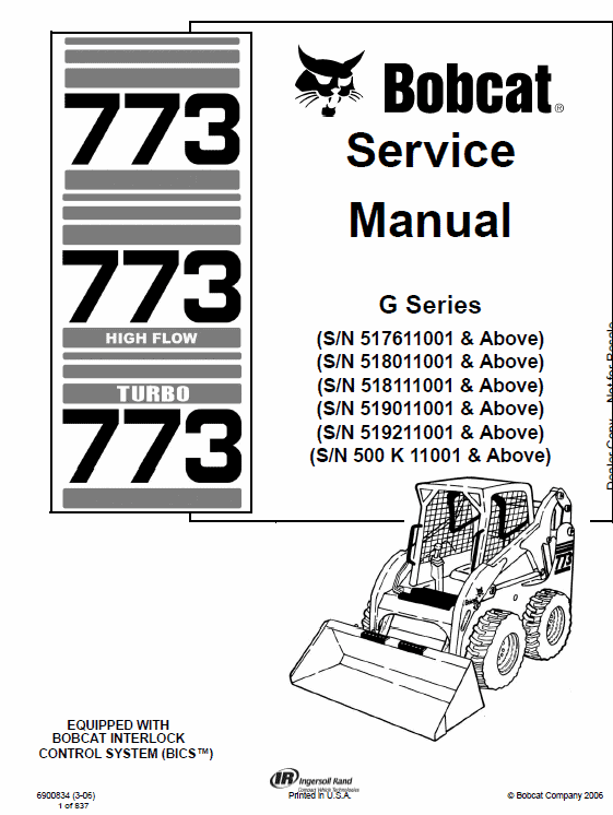 Bobcat 773 G-series Skid-Steer Loader Service Manual Workshop Guide