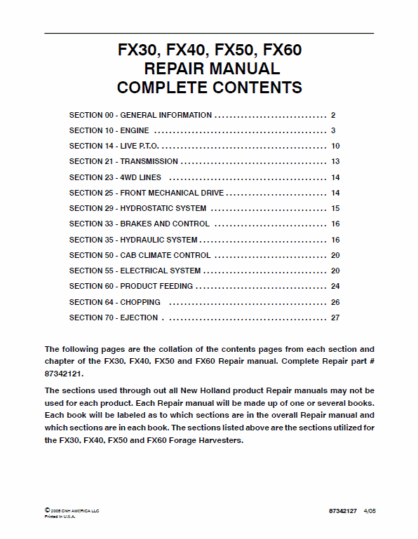 New Holland FX30, FX40, FX50, FX60 Forage Harvesters Service Manual Workshop Guide