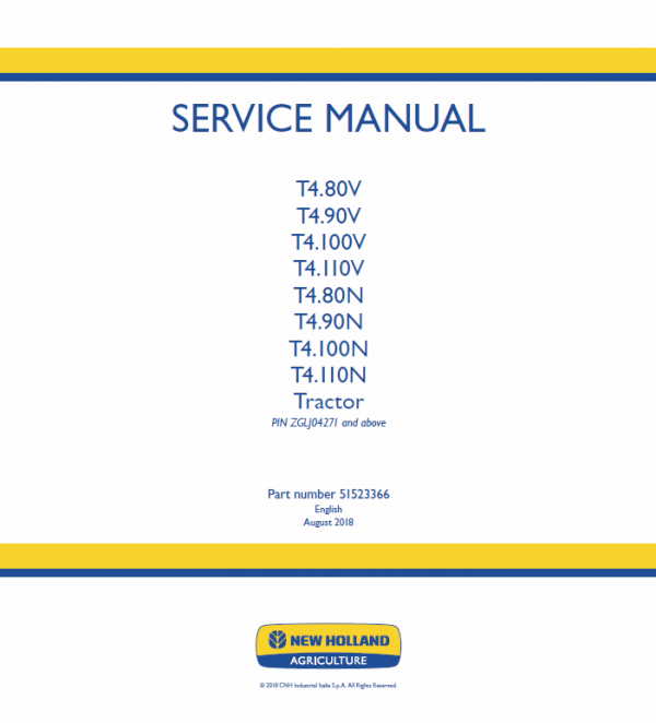 New Holland T4.80V, T4.90V, T4.100V, T4.110V Tractor Service Manual Workshop Guide