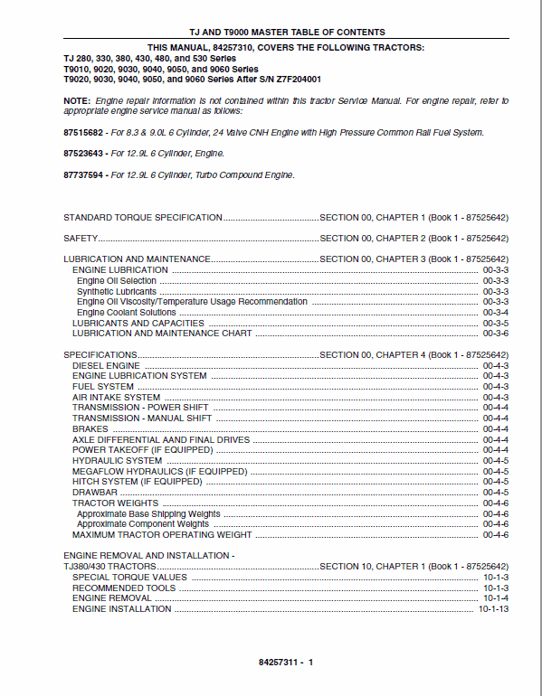 New Holland T9010, T9020, T9030, T9040, T9050, T9060 Tractor Service Manual Workshop Guide