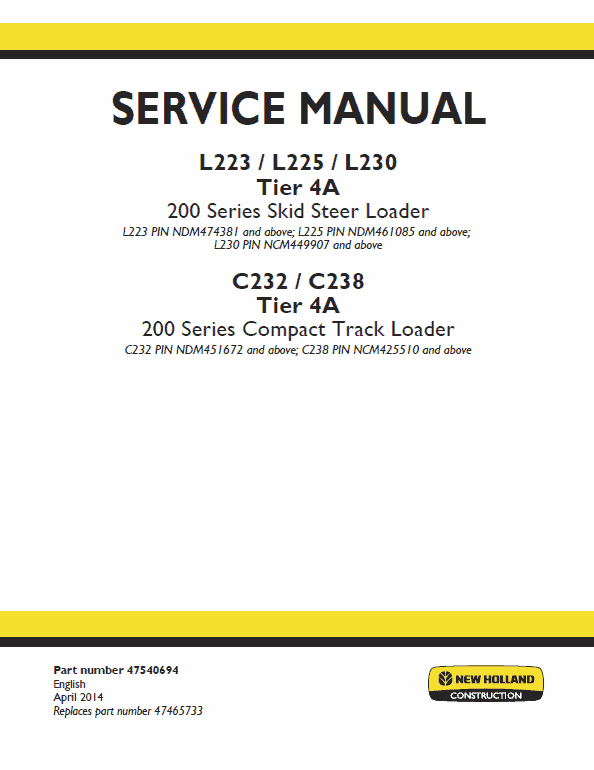 New Holland L223, L225, C232 SkidSteer Loader Service Manual Workshop Guide