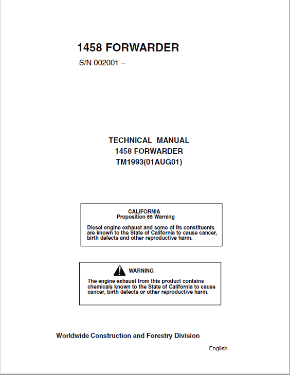 John Deere 1458 Forwarder Repair Technical Manual (TM1993) Workshop Guide