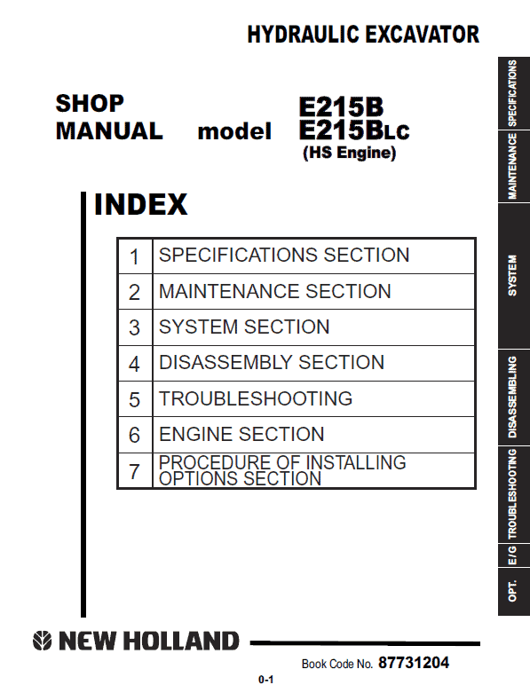 New Holland E215B, E215BLC Excavator Service Manual Workshop Guide