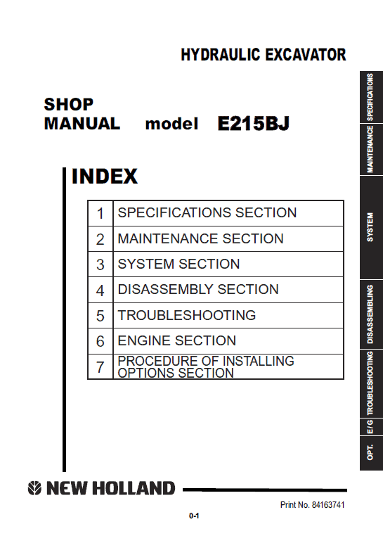 New Holland E215BJ Excavator Service Manual Workshop Guide