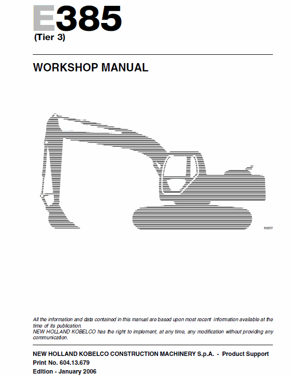 New Holland E385 Tier 3 Excavator Service Manual Workshop Guide