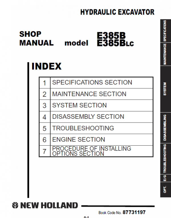 New Holland E385B, E385BLC Excavator Service Manual Workshop Guide