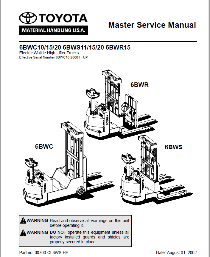 Toyota 6BWC10, 6BWC15, 6BWC20, 6BWS11, 6BWS15, 6BWS20, 6BWR15 Repair Manual Workshop Guide