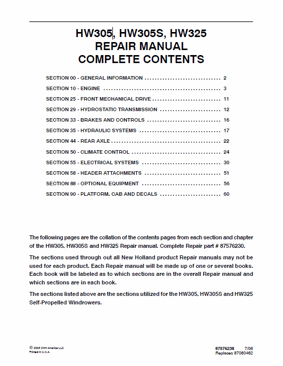 New Holland HW305, HW305S, HW325 Self-Propelled Windrowers Service Manual Workshop Guide