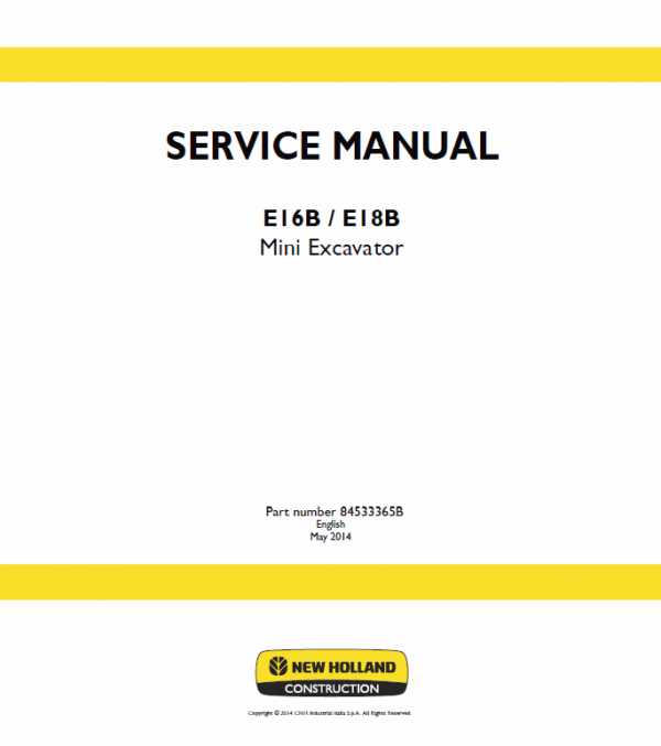 New Holland E16B, E18B Excavator Service Manual Workshop Guide