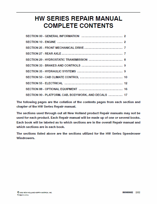 New Holland HW300, HW320 Speedrower Windrowers Service Manual Workshop Guide