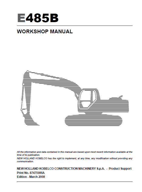 New Holland E485B ROPS Excavator Service Manual Workshop Guide