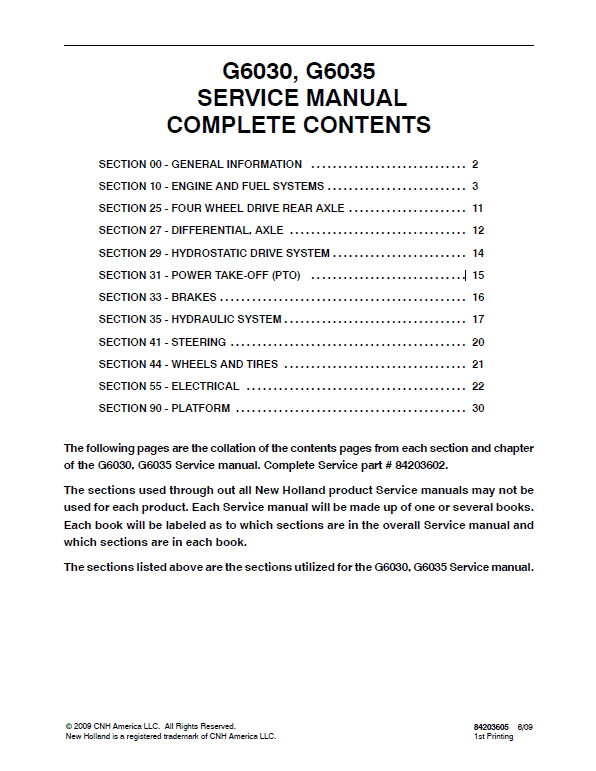 New Holland G6030, G6035 Mowers Service Manual Workshop Guide
