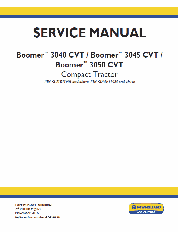 New Holland Boomer 3040 CVT, 3045 CVT and 3050 CVT Tractor Manual Workshop Guide