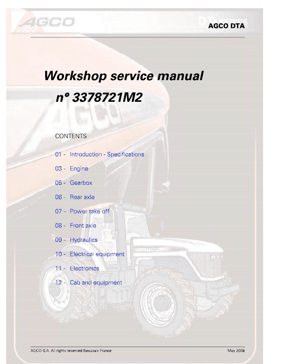 AGCO DT180A, DT200A, DT220A, DT240A Tractor Workshop Service Manual Workshop Guide