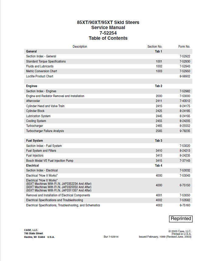Case 85XT, 90XT, 95XT SkidSteer Service Repair Manual Workshop Guide