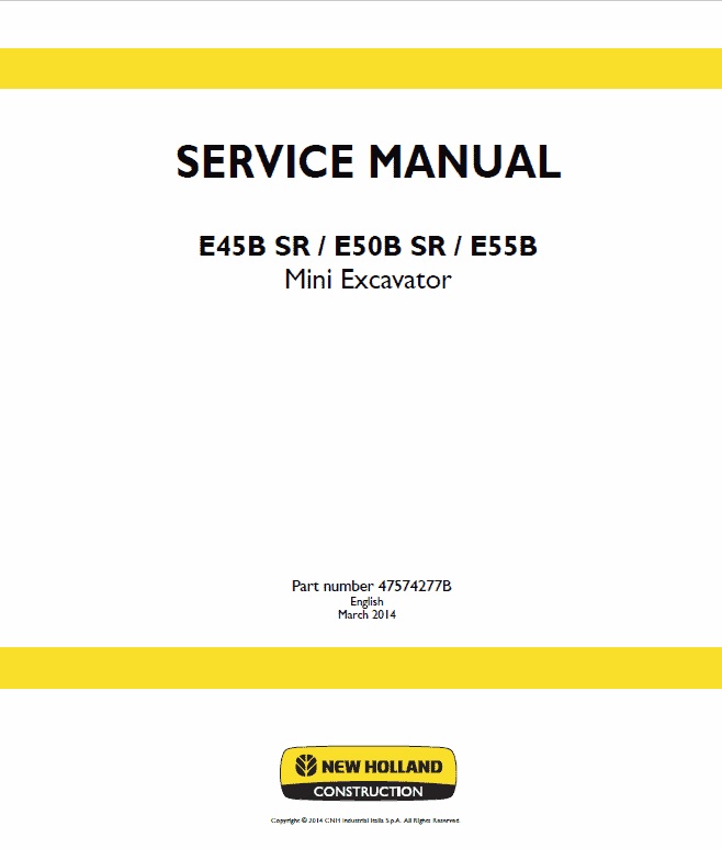New Holland E45B SR, E50B SR, E55B Mini Excavator Service Manual Workshop Guide