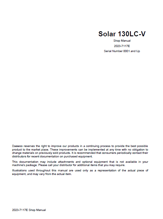 Daewoo Solar S130LC-V Excavator Service Manual Workshop Guide