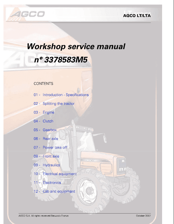 AGCO LT75, LT85, LT90, LT95 Tractor Workshop Repair Manual Workshop Guide