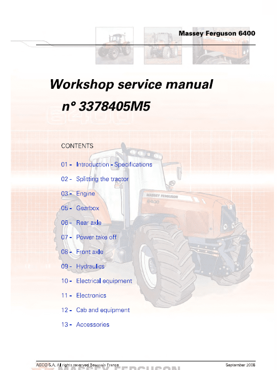 Massey Ferguson 6485, 6490, 6495, 6497, 6499 Tractor Service Manual Workshop Guide