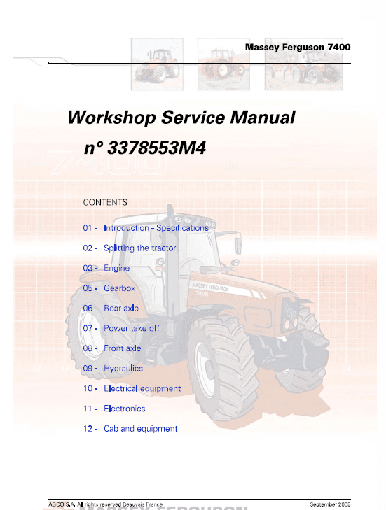 Massey Ferguson 7465, 7475, 7480 Tractor Service Manual Workshop Guide