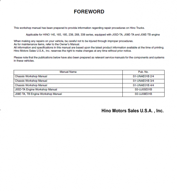 Hino 145, 165, 185, 238, 268, 338 Series Year 2005 Repair Manual Workshop Guide