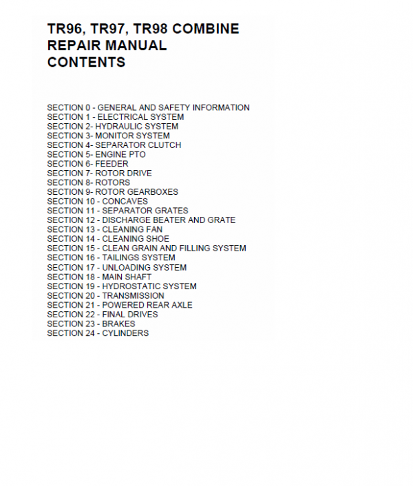 New Holland TR96, TR97, TR98 Combine Service Manual Workshop Guide