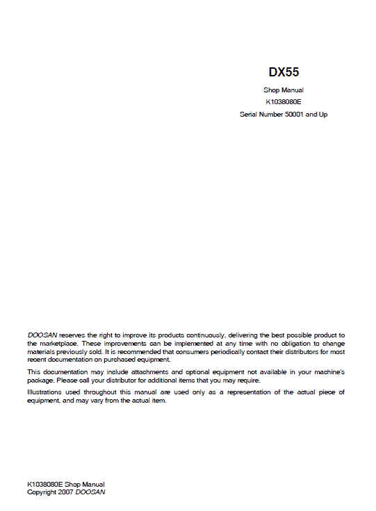 Doosan DX55 Excavator Service Manual Workshop Guide