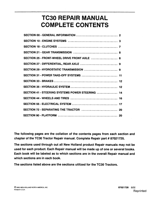New Holland TC30 Tractor Service Manual Workshop Guide