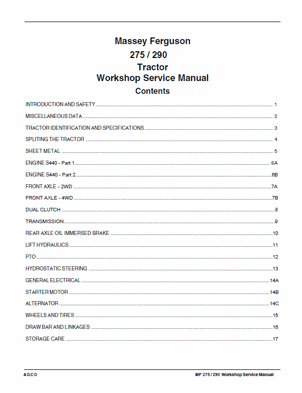 Massey Ferguson MF 275 Xtra, MF 290 Xtra Tractor Service Manual Workshop Guide