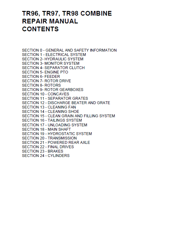 New Holland TR96, TR97, TR98 Combine Service Manual Workshop Guide
