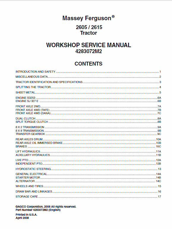 Massey Ferguson 2605, 2615 Tractor Service Manual Workshop Guide