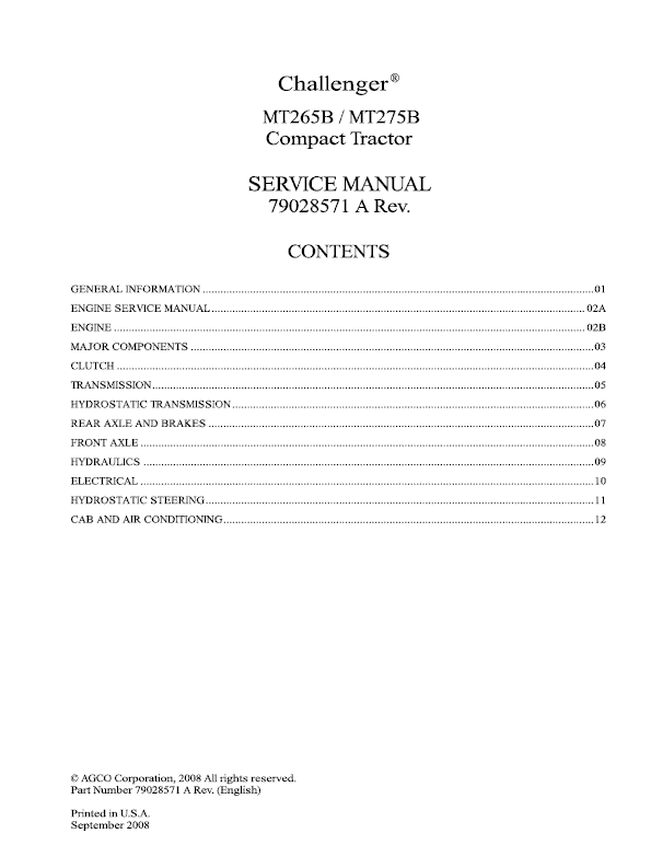 Challenger MT265B, MT275B Tractor Service Manual Workshop Guide