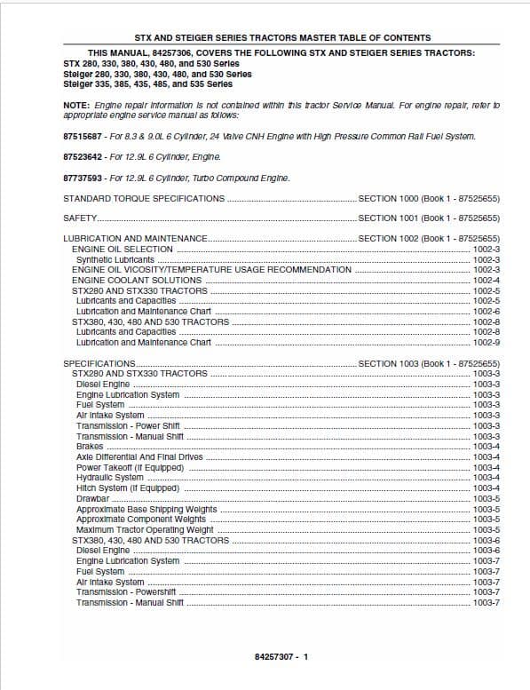 Case 280, 330, 380, 430, 480, 530 Steiger Tractor Service Manual Workshop Guide