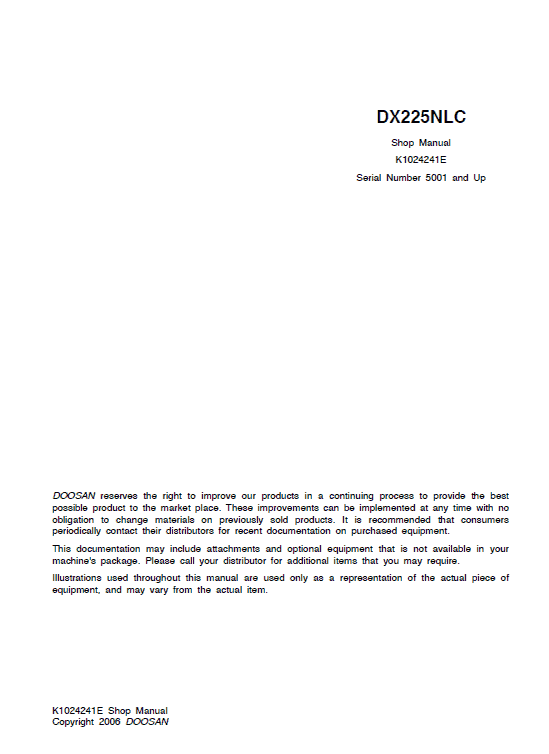 Doosan DX225NLC Excavator Service Manual Workshop Guide
