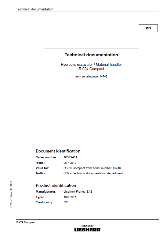 Liebherr R924 and R924 Tier 3 Compact Excavator Service Manual