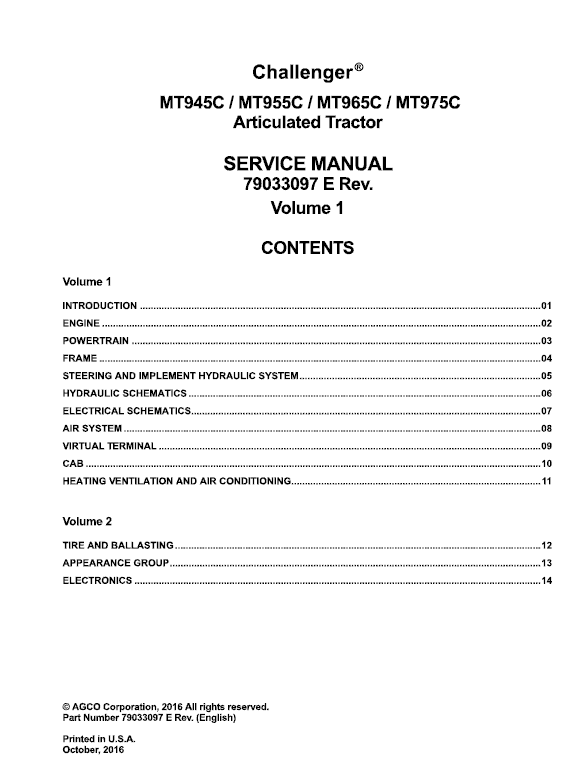 Challenger MT945C, MT955C, MT965C, MT975C Tractor Service Manual Workshop Guide