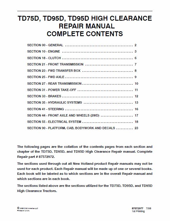 New Holland TD75D, TD95D, TD95D HC Tractor Service Manual Workshop Guide