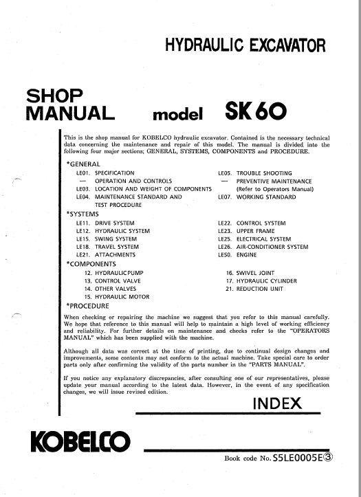 Kobelco SK60 Excavator Service Manual Workshop Guide