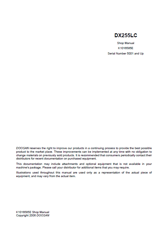 Doosan DX255 Excavator Service Manual Workshop Guide