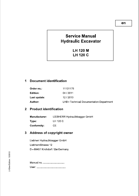 Liebherr LH120M, LH120C Litronic Hydraulic Excavator Service Manual